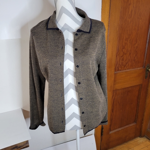 Womans Liz Claiborne Collection Pure Wool Sweater Jacket Brown/Navy Trim S L - Picture 1 of 9